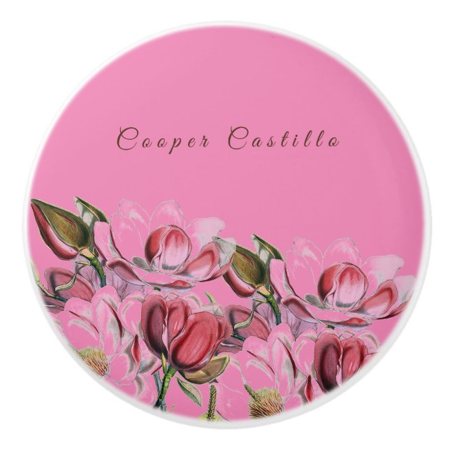 Pink Simple Professional Calligraphy Magnolias Ceramic Knob (Front)