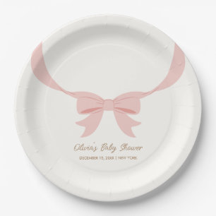 Pink Simple Vintage Bow Girl Baby Shower Paper Plate