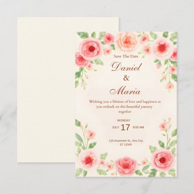 Pink Simple Wedding Invitation Card (Front/Back)