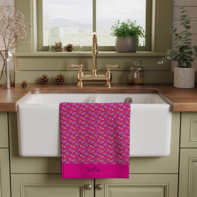 Pink simple wildflower pattern name tea towel (Creator Uploaded)