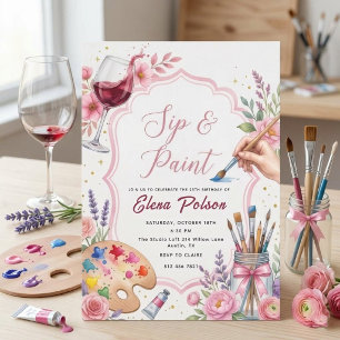 Pink Sip And Paint Birthday Invitation