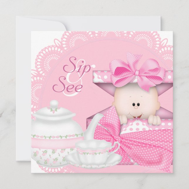Pink Sip and See Baby Girl Shower Invitation (Front)