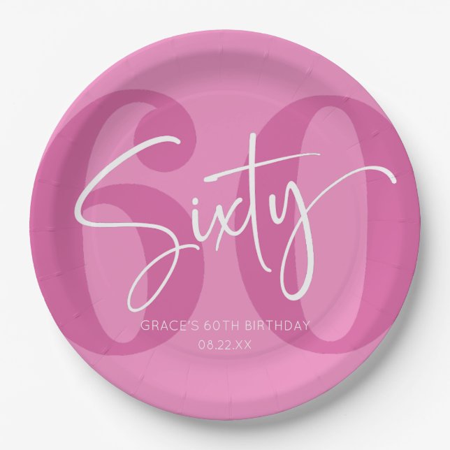 Pink Sixty 60th Sixtieth Birthday Party Paper Plate (Front)