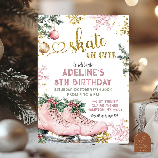 Pink Skate Over Winter Christmas Birthday Girl Invitation (Creator Uploaded)