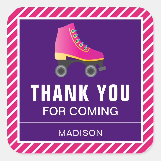 Pink Skate Roller Skating Birthday Party Favour Square Sticker (Front)