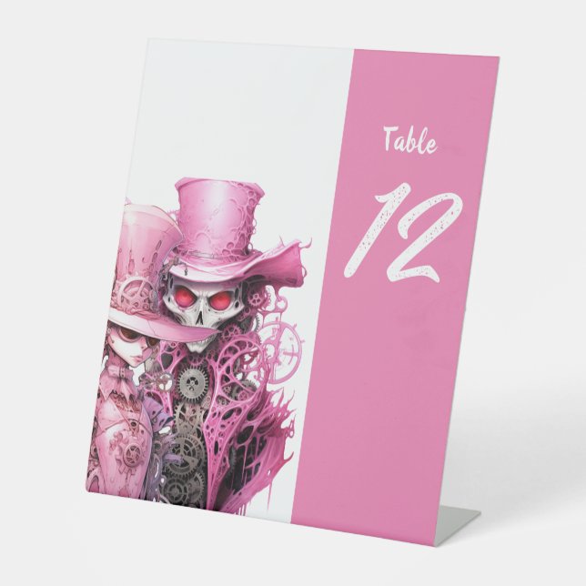 Pink Skeleton Wedding Steampunk Pedestal Sign (Front)