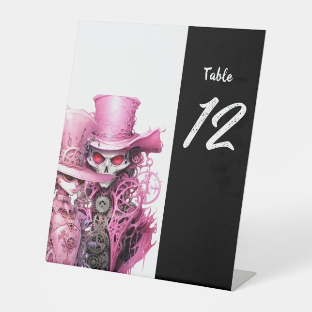 Pink Skeleton Wedding Steampunk Pedestal Sign (Front)