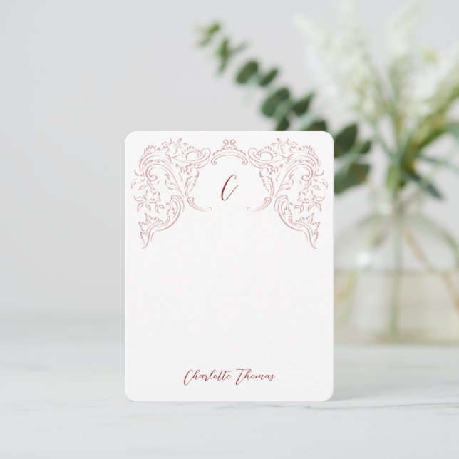 Pink Sketched Vintage Flourish Monogram Stationery Card (Standing Front)