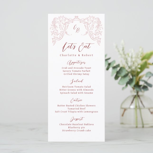Pink Sketched Vintage Flourish Monogram Wedding Menu (Standing Front)