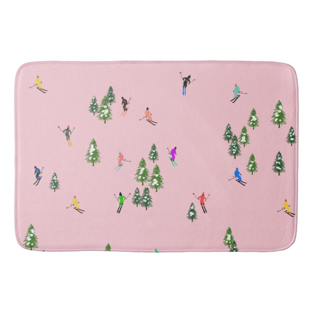 Pink Skiers Ski Opening Christmas Skiing Holiday  Bath Mat (Front)