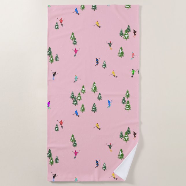 Pink Skiers Ski Opening Christmas Skiing Holiday   Beach Towel (Front)