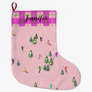Pink Skiers Ski Opening Christmas Skiing Holiday  Large Christmas Stocking