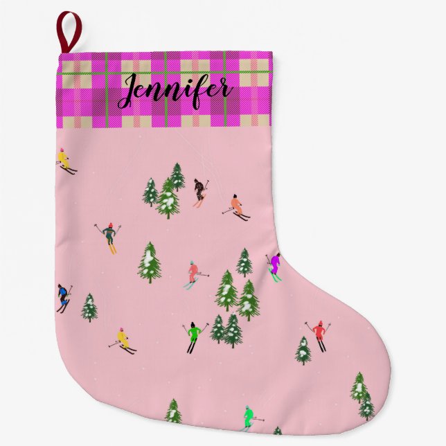 Pink Skiers Ski Opening Christmas Skiing Holiday  Large Christmas Stocking (Front)