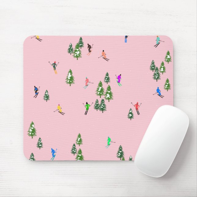 Pink Skiers Ski Opening Christmas Skiing Holiday Mouse Mat (With Mouse)