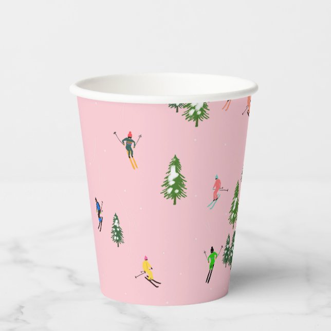 Pink Skiers Ski Opening Christmas Skiing Holiday Paper Cups (Front)