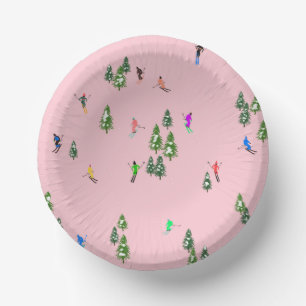 Pink Skiers Ski Opening Christmas Skiing Holiday Paper Plate