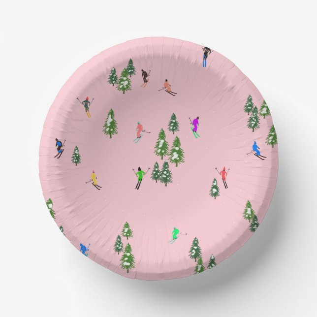 Pink Skiers Ski Opening Christmas Skiing Holiday Paper Plate (Front)