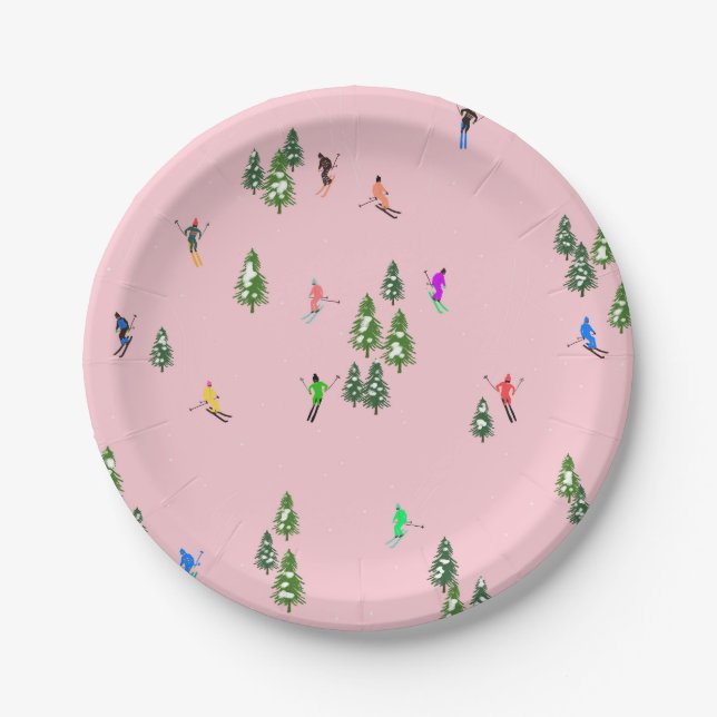 Pink Skiers Ski Opening Christmas Skiing Holiday   Paper Plate (Front)