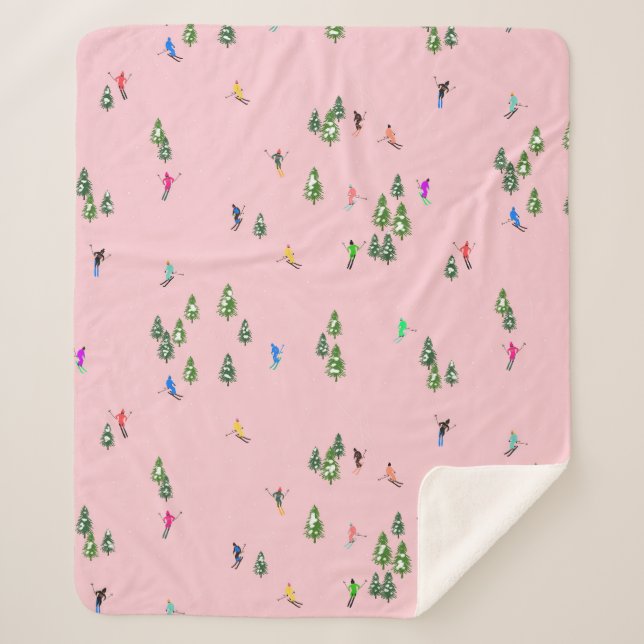 Pink Skiers Ski Opening Christmas Skiing Holiday  Sherpa Blanket (Front)