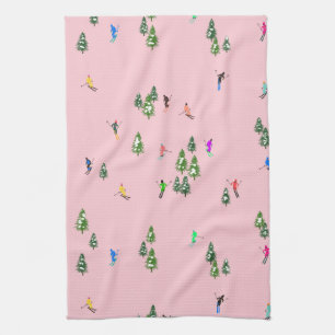 Pink Skiers Ski Opening Christmas Skiing Holiday   Tea Towel
