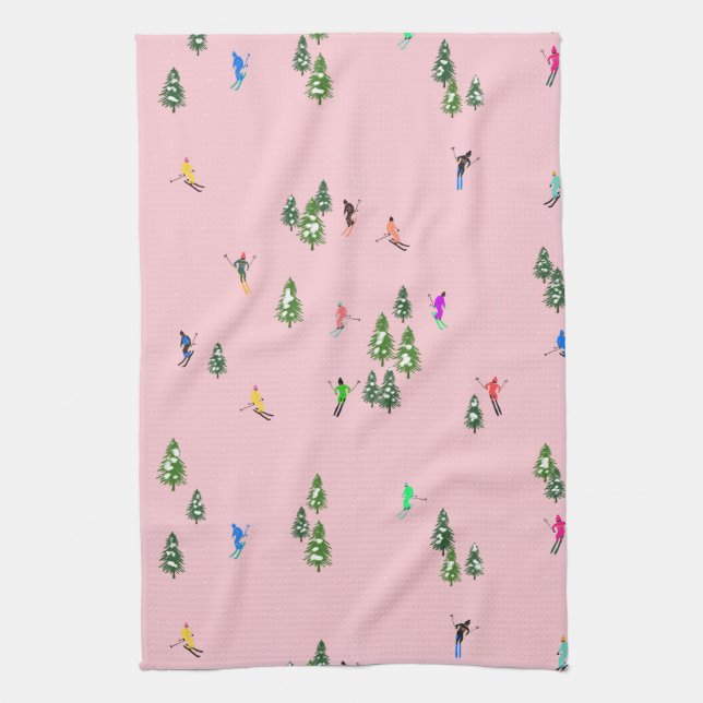 Pink Skiers Ski Opening Christmas Skiing Holiday   Tea Towel (Vertical)