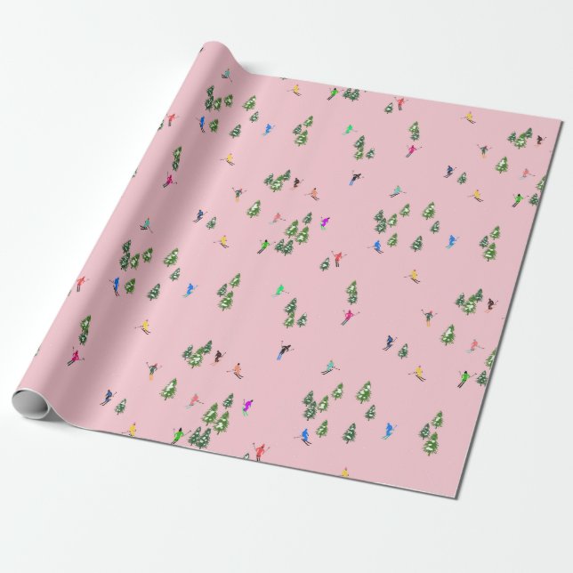 Pink Skiers Ski Opening Christmas Skiing Holiday  Wrapping Paper (Unrolled)