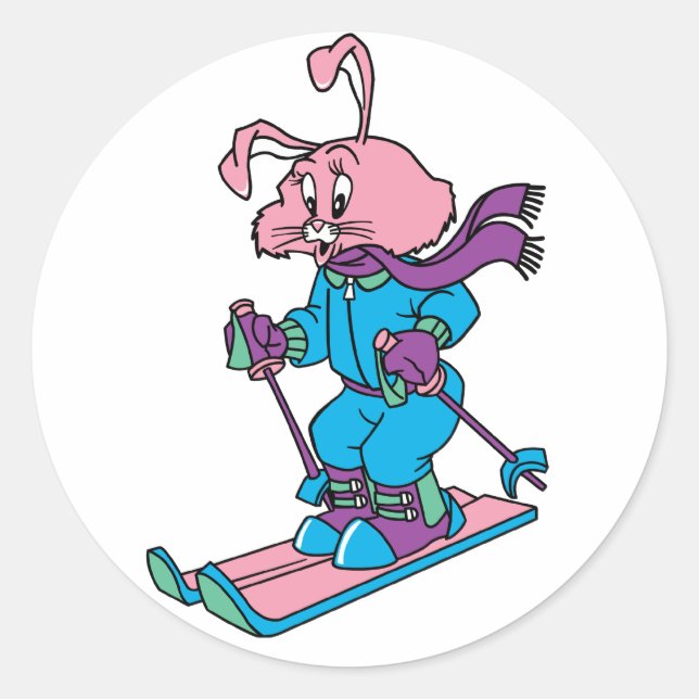 Pink Skiing Rabbit Classic Round Sticker (Front)