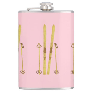 Pink Skis And Poles   Vintage Ski Illustration Hip Flask