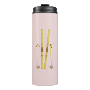 Pink Skis And Poles Vintage Ski Illustration Thermal Tumbler