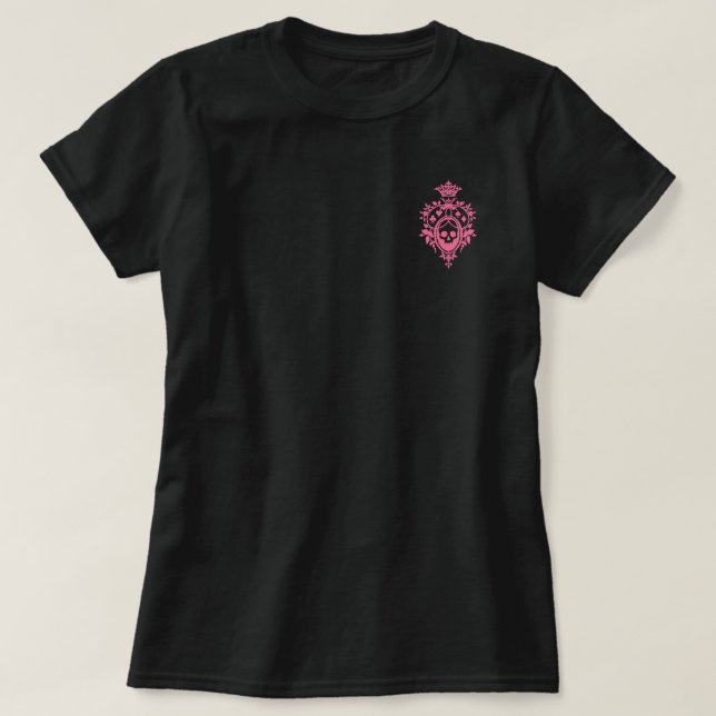 Pink Skull And Card Suits Crest T-Shirt (Design Front)