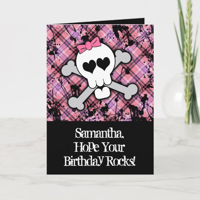 Pink Skull and Crossbones Girl Birthday Card (Front)