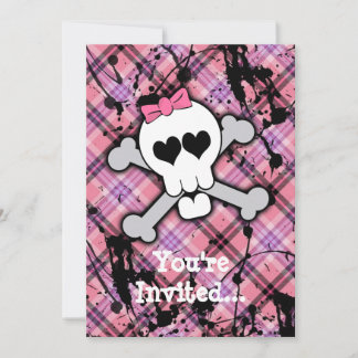 Pink Skull and Crossbones with Hearts and Bow Invitation