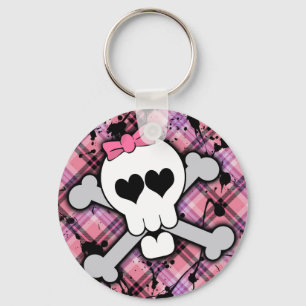 Pink Skull and Crossbones with Hearts and Bow Key Ring