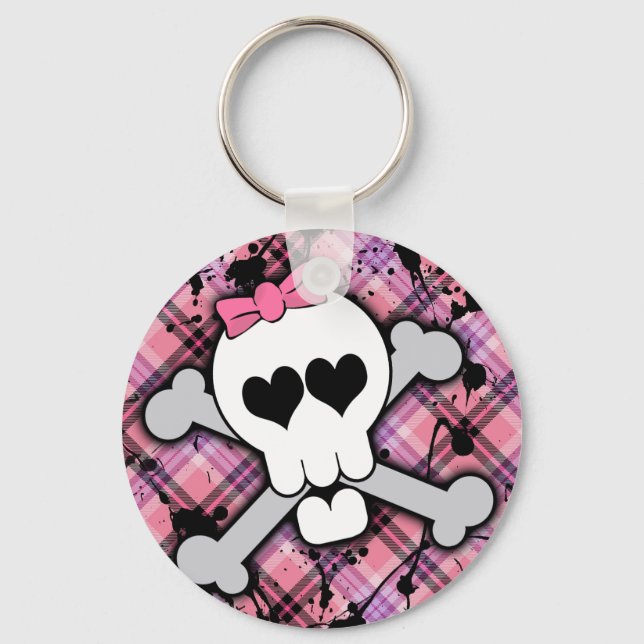 Pink Skull and Crossbones with Hearts and Bow Key Ring (Front)