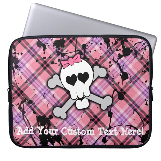 Pink Skull and Crossbones with Hearts and Bow Laptop Sleeve (Front)