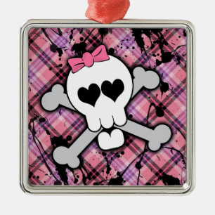 Pink Skull and Crossbones with Hearts and Bow Metal Tree Decoration