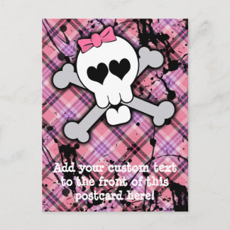 Pink Skull and Crossbones with Hearts and Bow Postcard