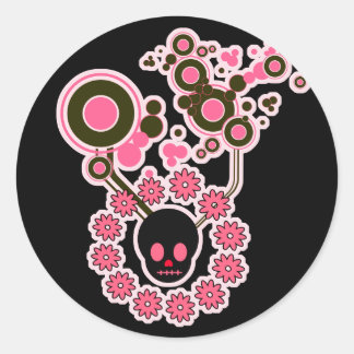 Pink Skull and Flower Circles Classic Round Sticker