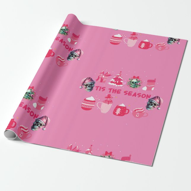 Pink Skull Christmas Wrapping Paper (Unrolled)