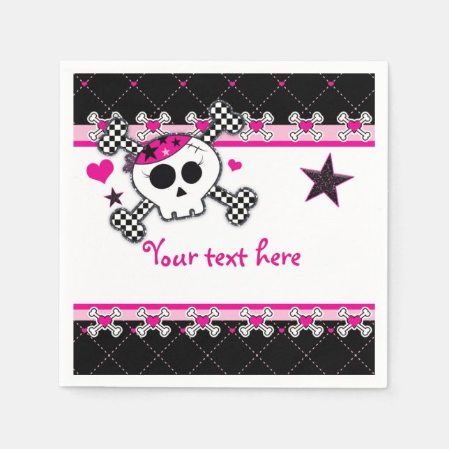 Pink Skull Crossbones & Hearts Party Napkins (Front)