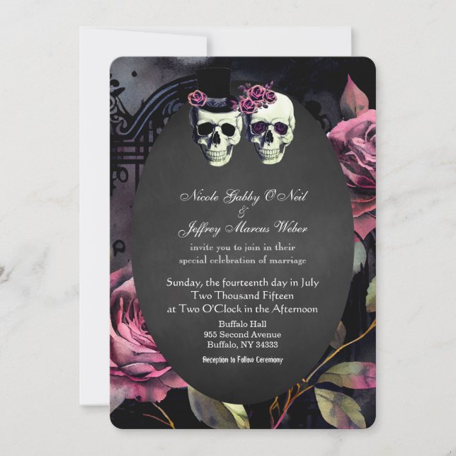 Pink Skull Flower Bride & Groom Wedding Invitation (Front)