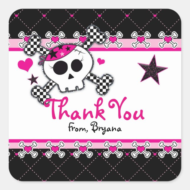 Pink Skull, Heart & Crossbones Party Favour Sticke Square Sticker (Front)