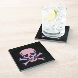 Pink Skull n Bones black glass coaster