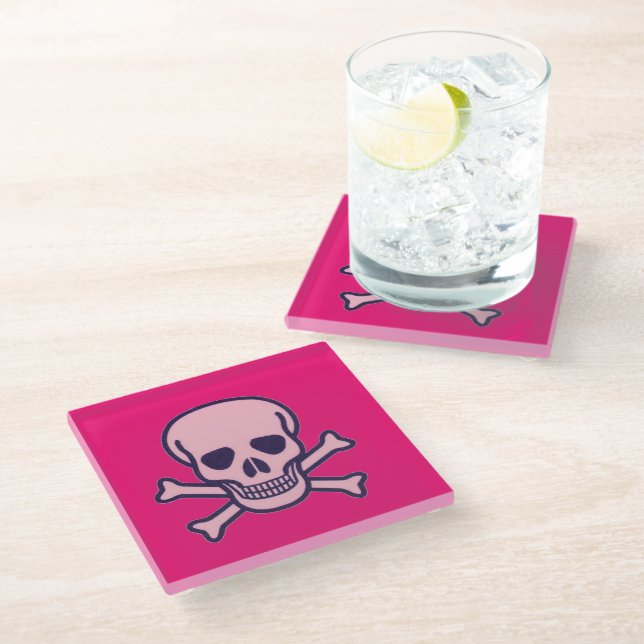 Pink Skull n Bones hot pink glass coaster (Angled)