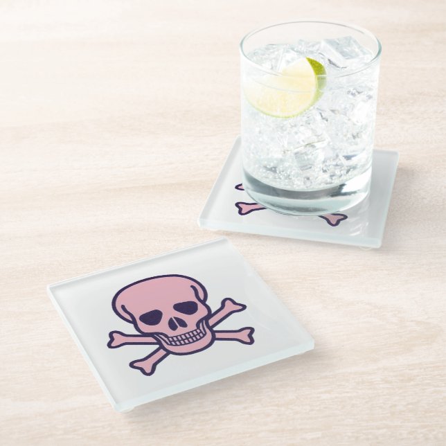 Pink Skull n Bones white glass coaster (Angled)