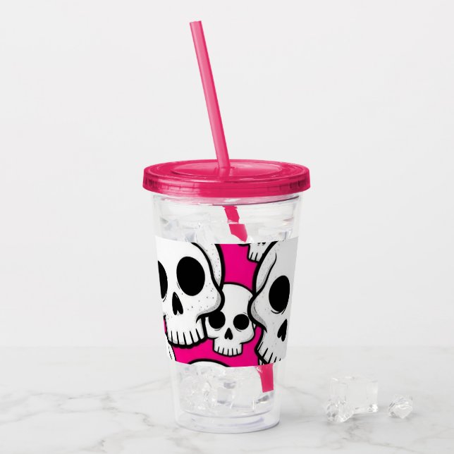 Pink Skull Pattern Acrylic Tumbler (Front Ice)