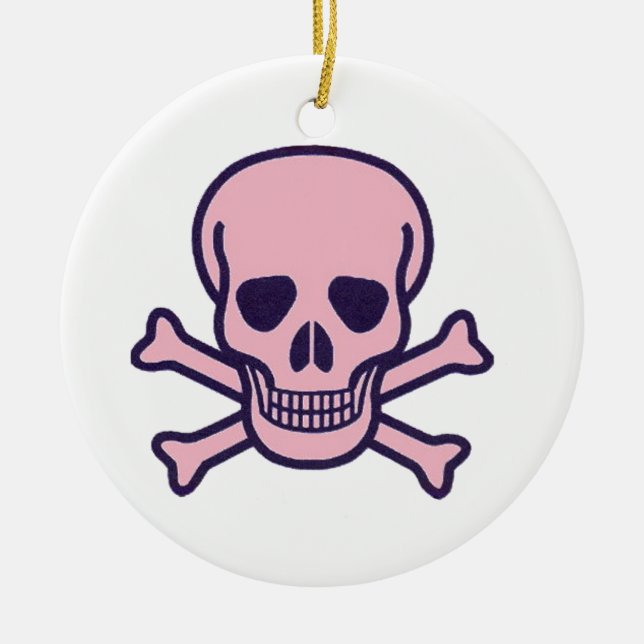 Pink Skull white round ceramic ornament (Front)