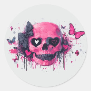 Pink Skull with Butterflies and Hearts  Classic Round Sticker