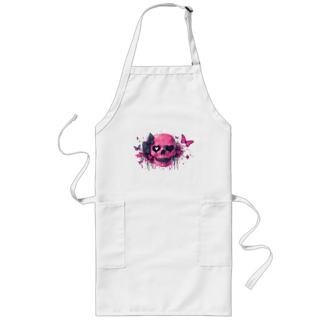 Pink Skull with Butterflies and Hearts  Long Apron (Front)