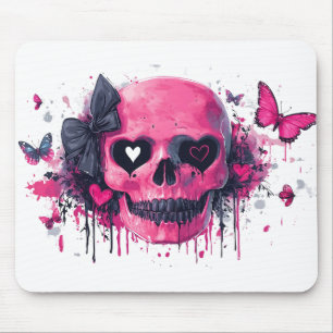 Pink Skull with Butterflies and Hearts Mouse Mat